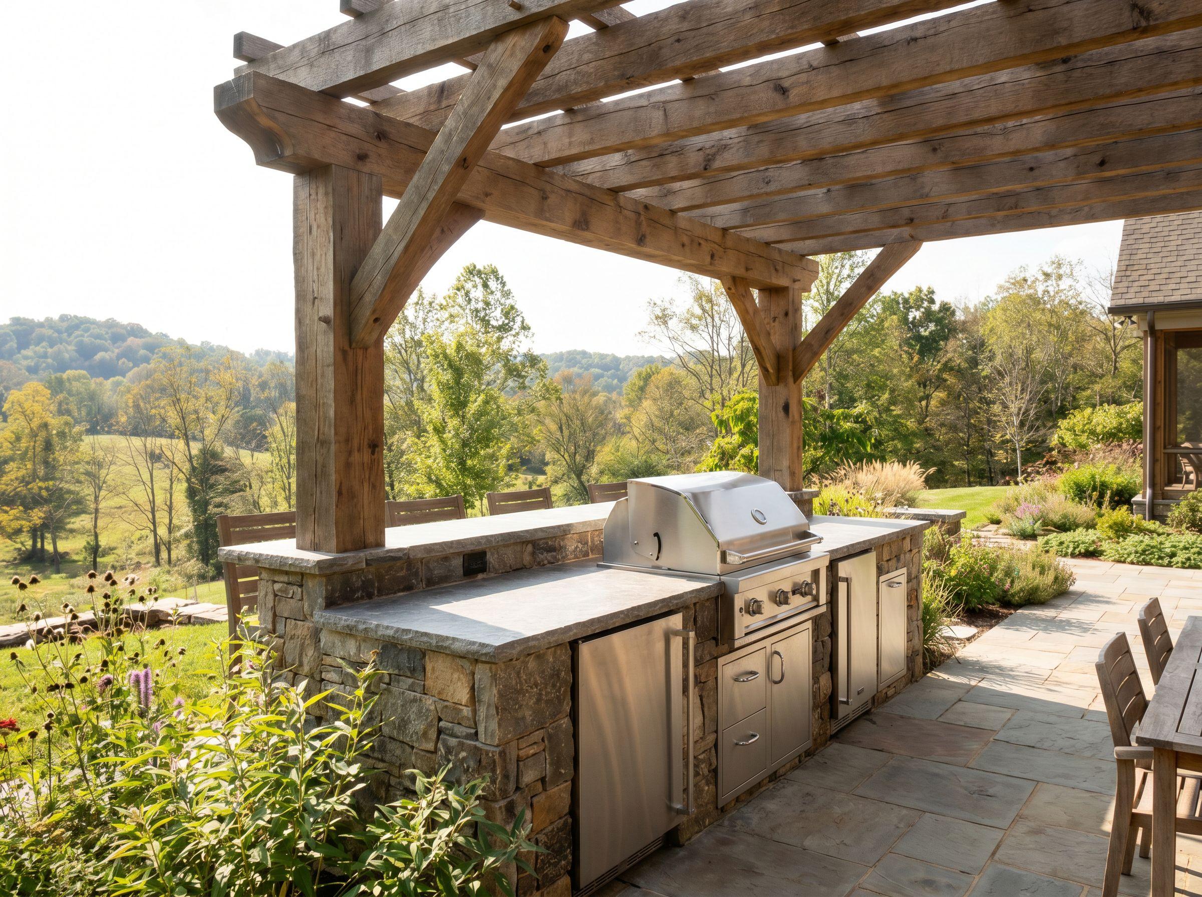 Outdoor Kitchen Under a Timber Pergola, Backyard Improvements by HL Construction Group