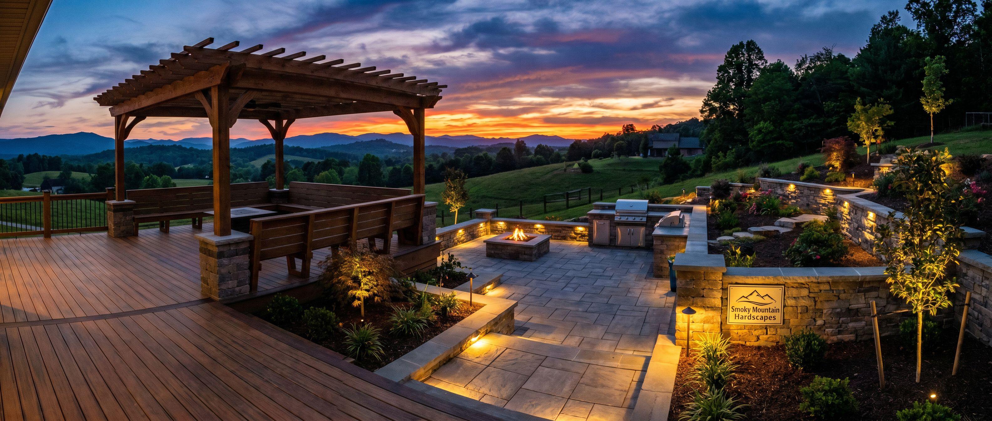 Finished backyard hardscape and deck project at dusk in East Tennessee