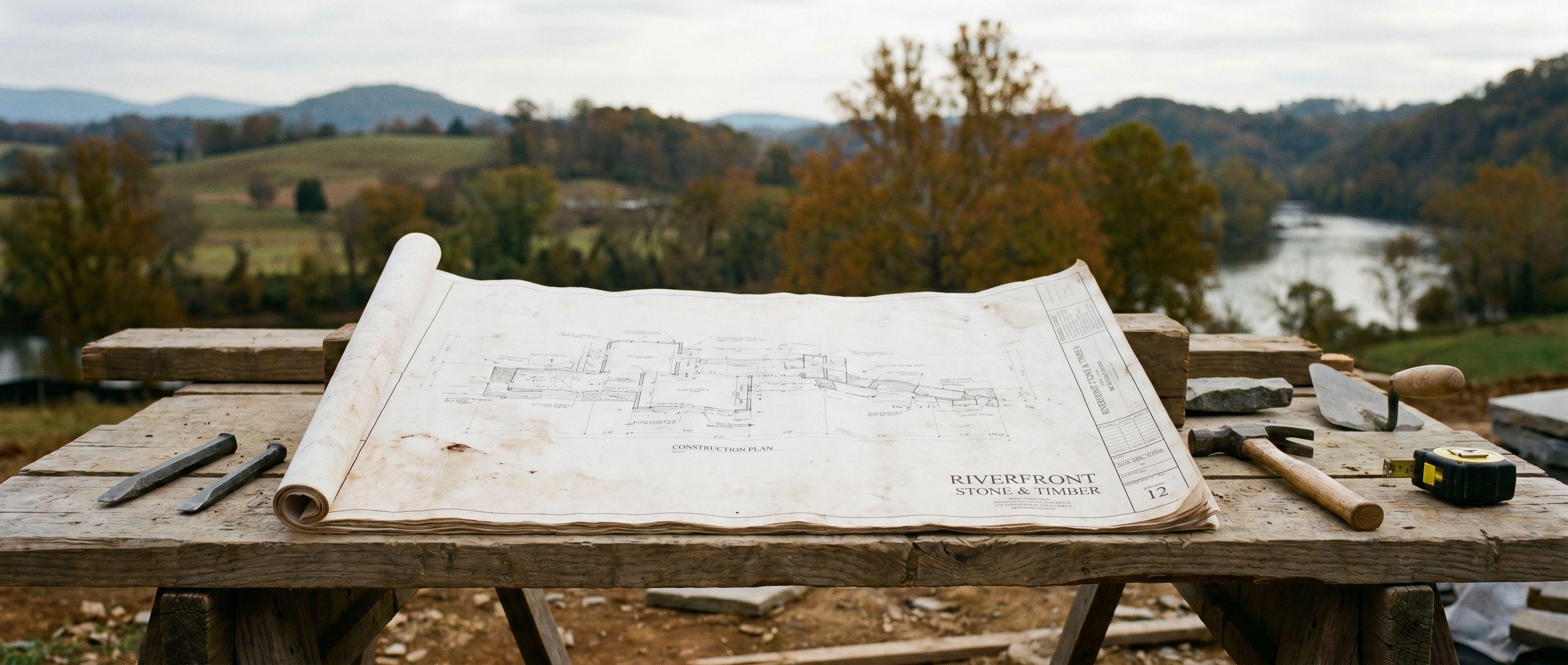 Construction site plan and tools at an East Tennessee job site