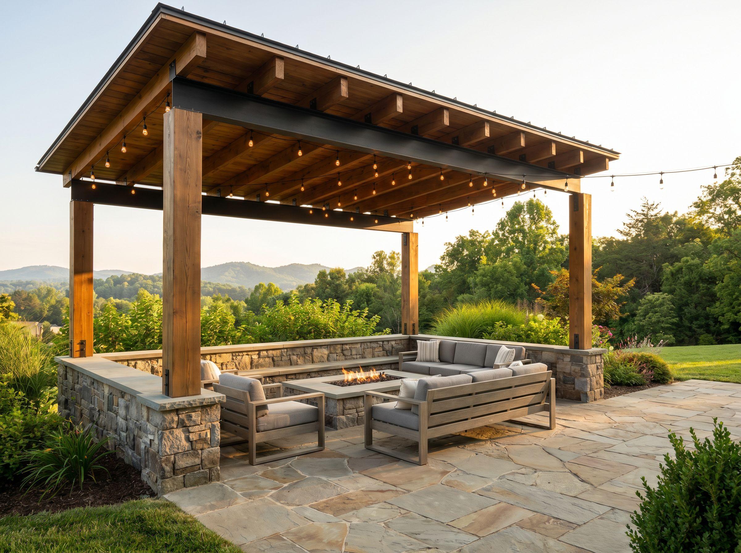 Custom backyard outdoor living space with pergola and stone patio in Knoxville