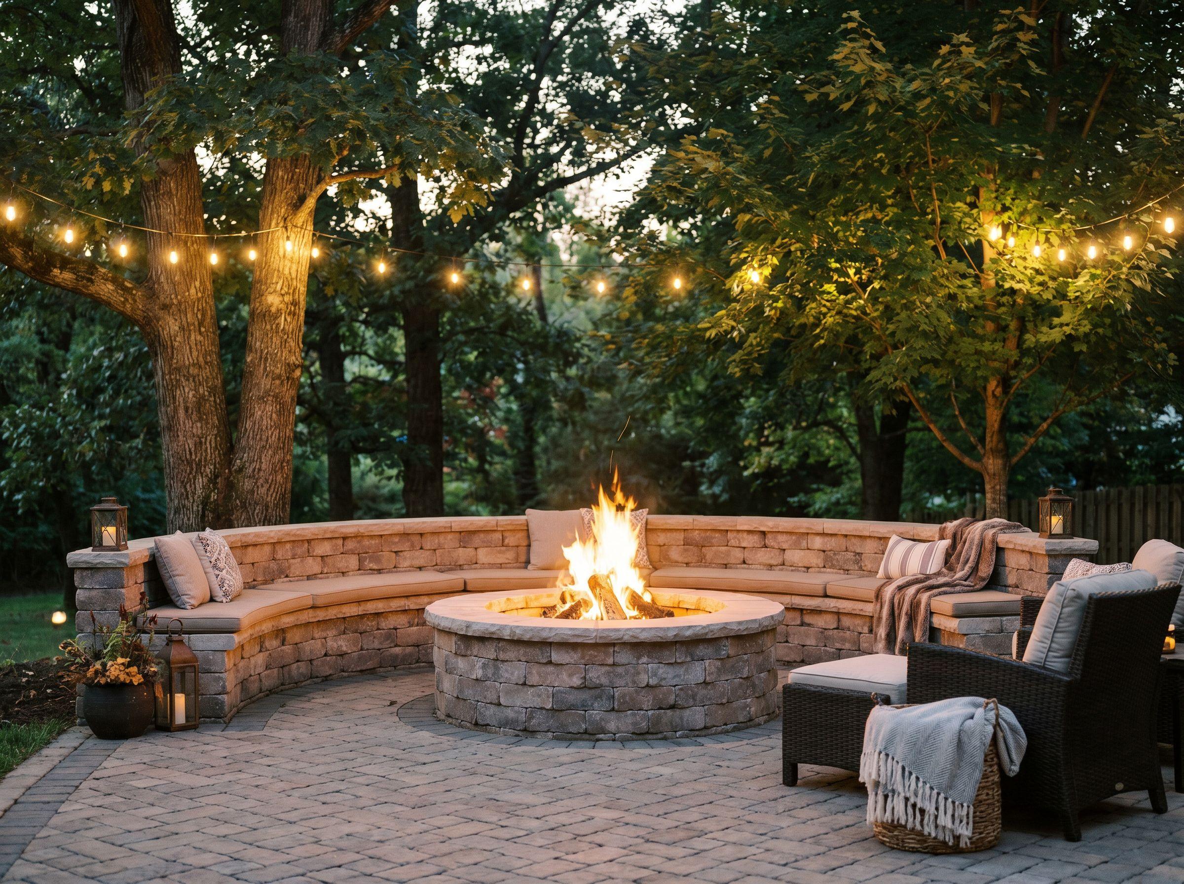Paver patio with a built-in stone fire pit and seating wall at dusk