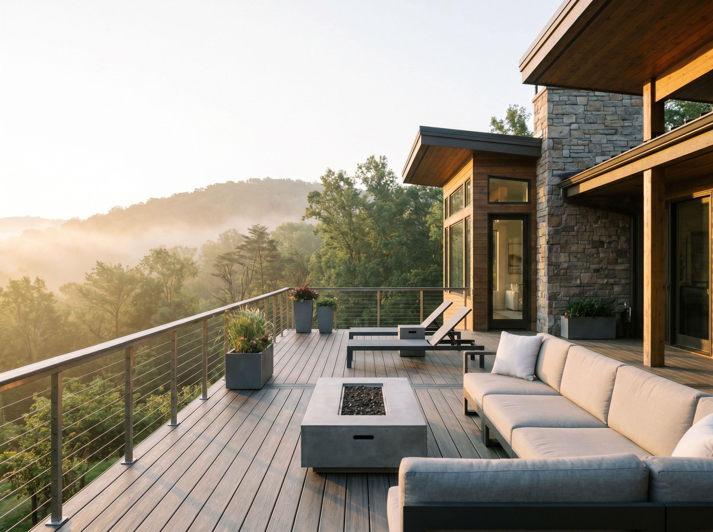 Composite deck with cable railing overlooking an East Tennessee hillside