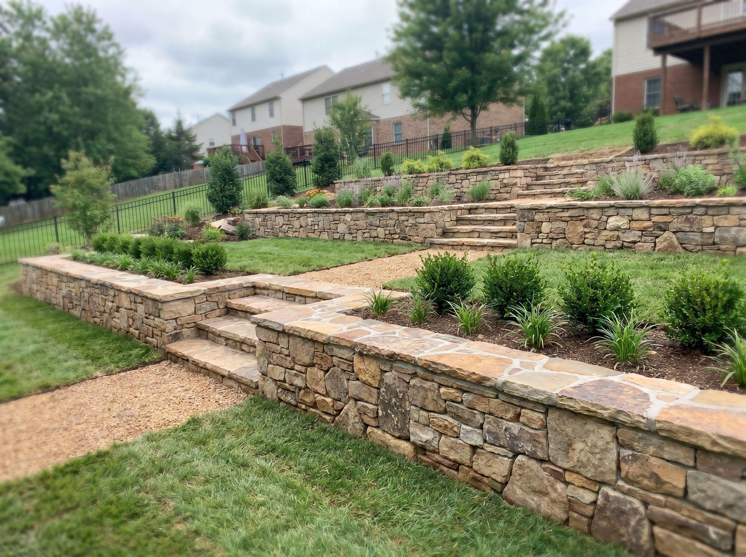 Tiered natural stone retaining wall terracing a sloped backyard