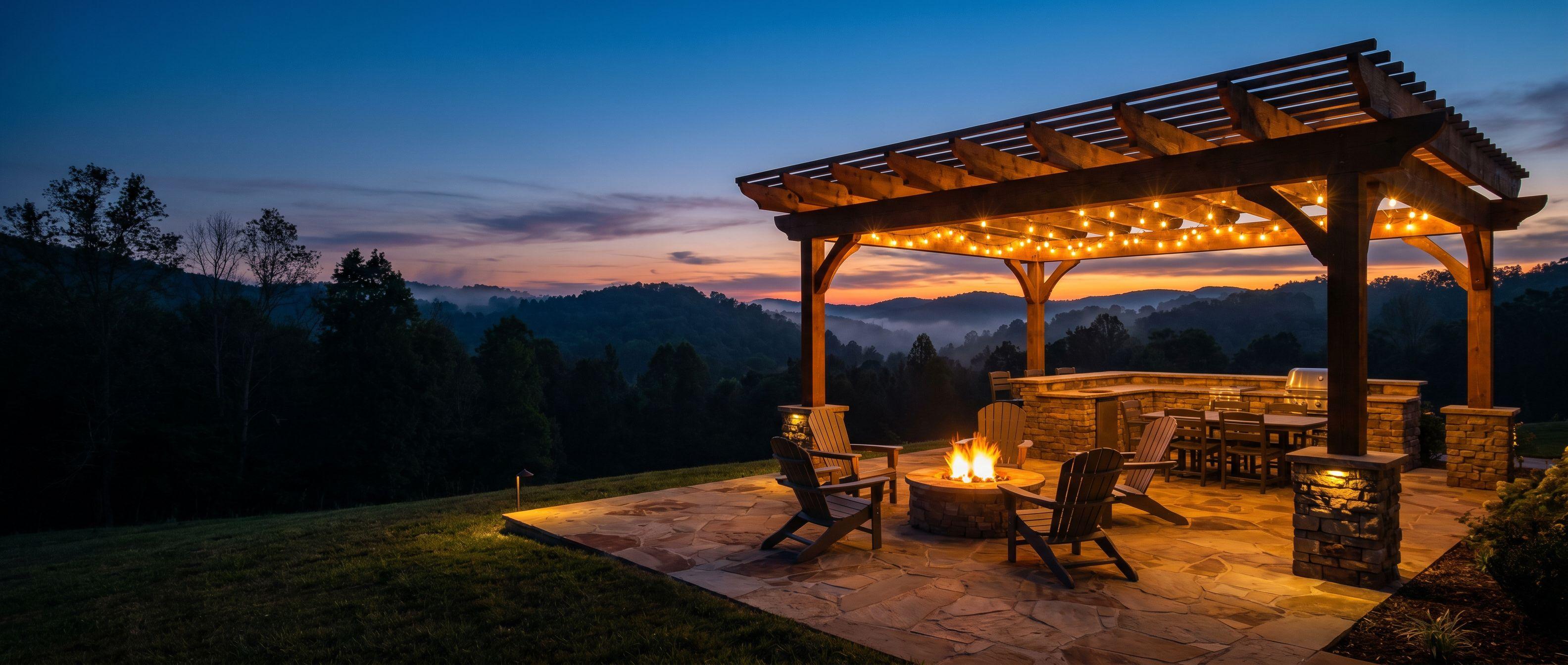 Completed backyard hardscape and outdoor living project in East Tennessee at dusk